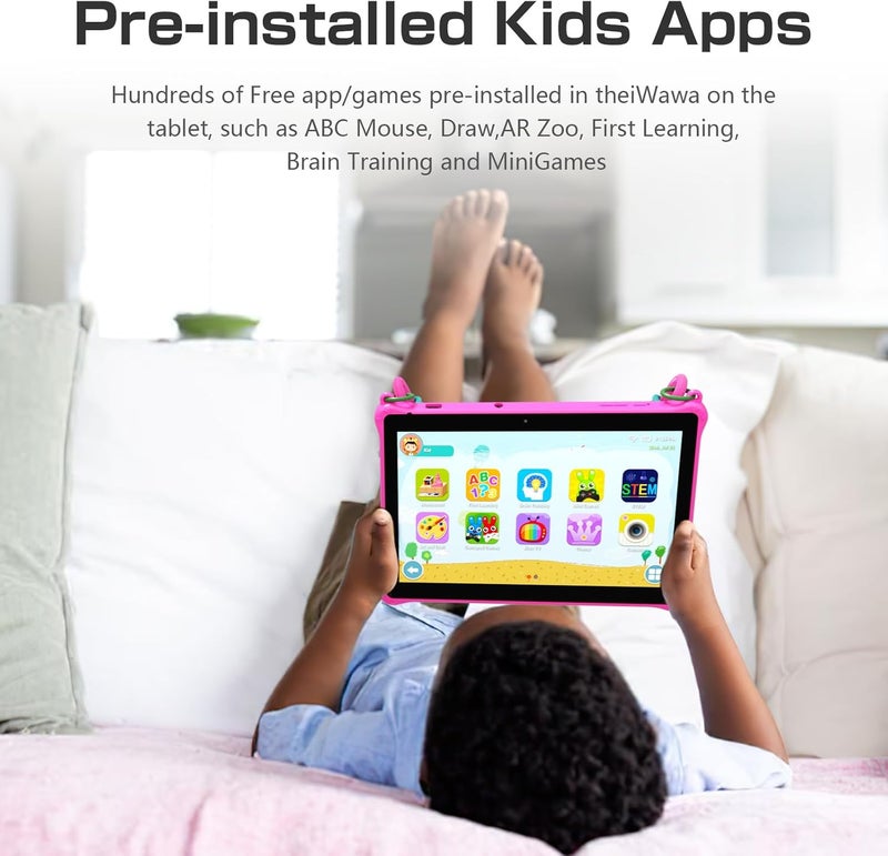 PRITOM تابلت للأطفال 10 بوصة بنظام أندرويد 13، تابلت مع حبل 64 جيجابايت، رباعي النواة، شاشة HD IPS، واي فاي، كاميرا مزدوجة، تابلت للأطفال، وردي - Image 4